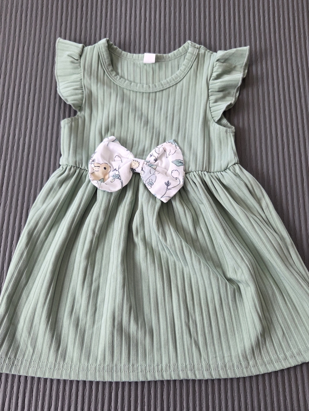 Girl's 9-12M Sage Green Ribbed Dress with Floral Bow Flutter Sleeve